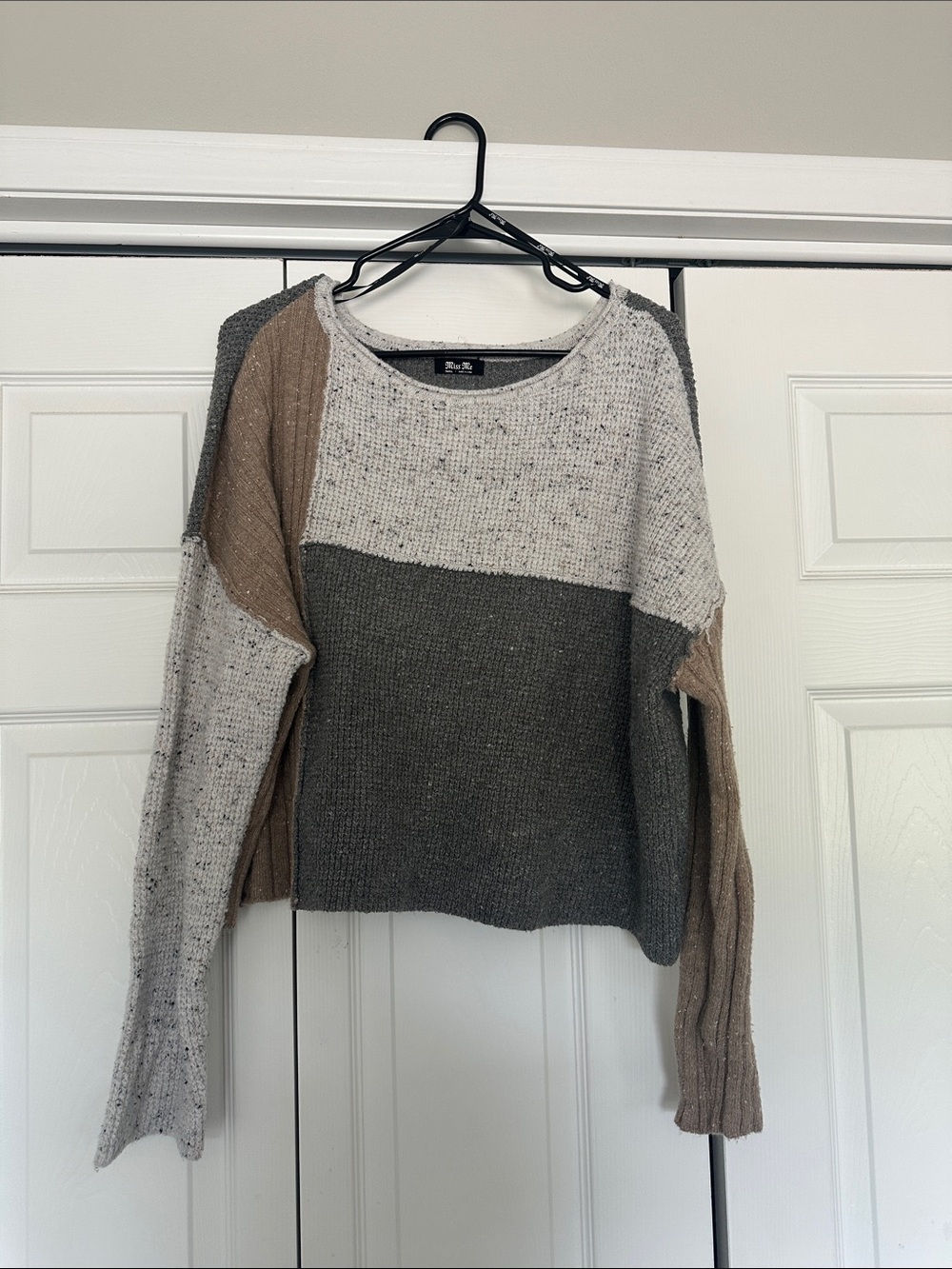 Miss Me Colorblock Knit Sweater in Gray, Taupe & Cream